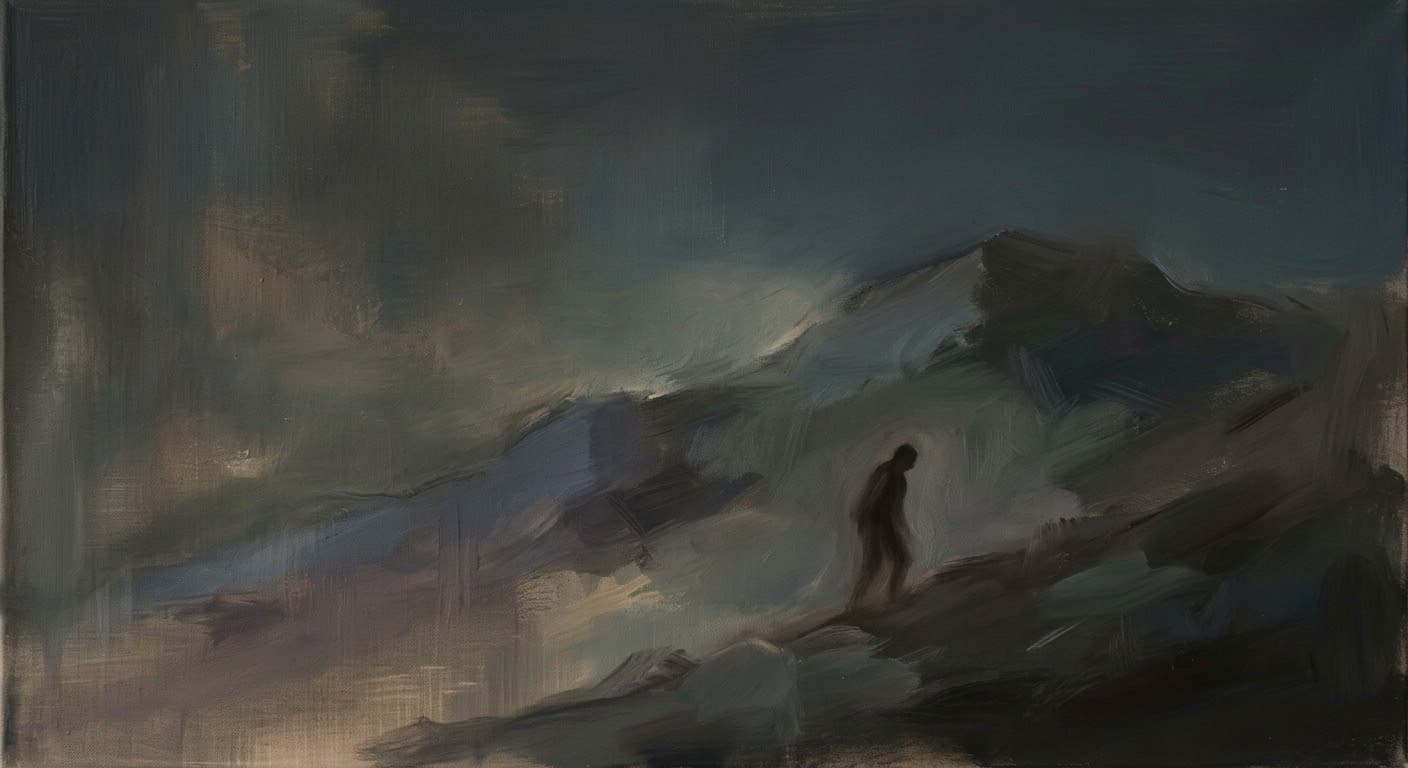 Dark expressionist landscape of a solitary silhouette walking uphill through muted blue-gray hills.