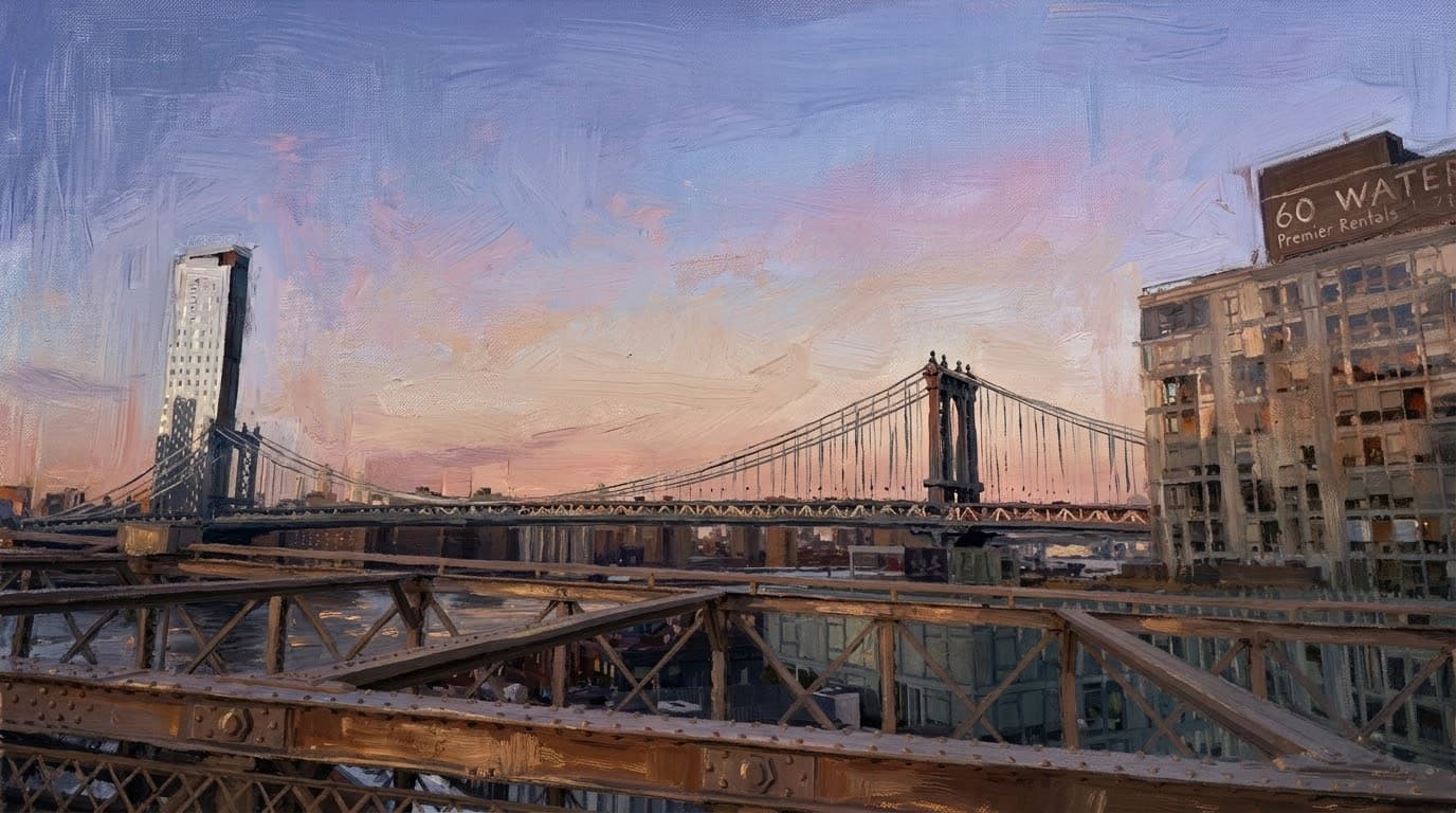 Painterly dusk view of the Manhattan Bridge framed by Brooklyn Bridge steel, with the 60 Water building and a pastel sky.